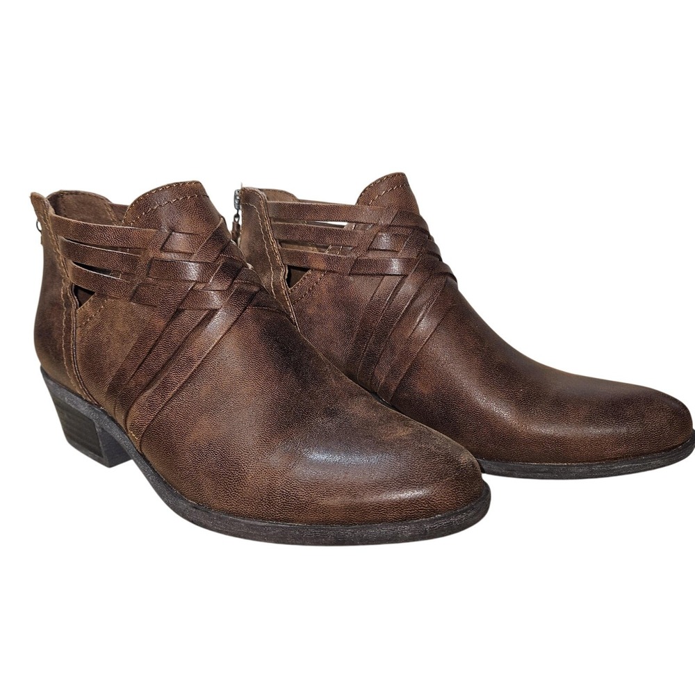 Baretraps Goldie‎ Ankle Boots Women 8.5M Brown Woven Strap Booties Low Heel
